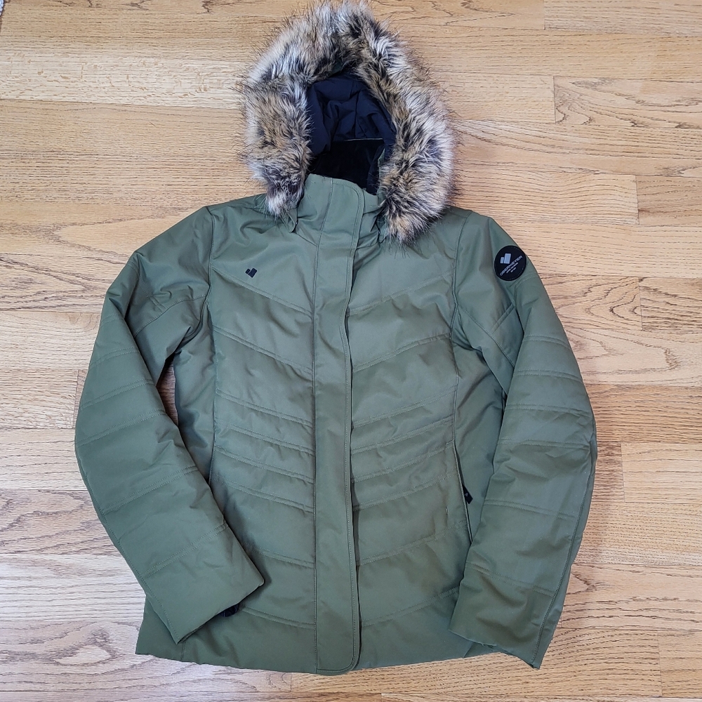 Obermeyer Tuscany II Ski Jacket Size 8 Green Puffer Insulated Faux Fur Hood - Picture 2 of 16